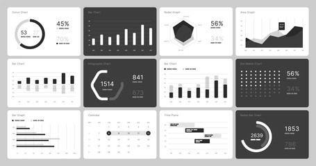 Wall Mural - Infographic elements in white and black colors. Use in presentation templates, flyer, leaflet and corporate report. UI and UX Kit with big data visualization.