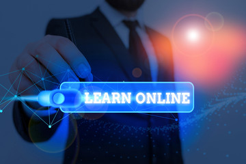 Poster - Word writing text Learn Online. Business photo showcasing education that takes place over the Internet or computer