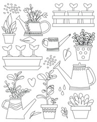 Wall Mural - Set of gardening elements. Potted plants, watering can. Spring time vector drawing. Elements for design, packaging, fabric, coloring book