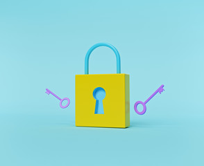 Poster - cartoon style lock with keys isolated on blue background. minimal business concept. 3d rendering