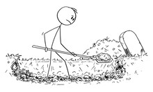 Vector Cartoon Stick Figure Drawing Conceptual Illustration Of Man Digging Grave.