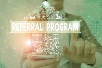 Poster - Writing note showing Referral Program. Business concept for internal recruitment method employed by organizations