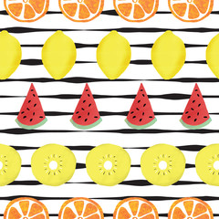 Wall Mural - Lemon orange watermelon and kiwi slices seamless vector pattern. Abstract hand painted summer fruits on a black and white striped background. 