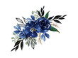 Watercolor elegant vintage navy indigo blue flower bouquet and leaves foliage hand painted