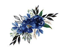 Watercolor Elegant Vintage Navy Indigo Blue Flower Bouquet And Leaves Foliage Hand Painted