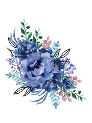 Watercolor elegant vintage navy indigo blue flower bouquet and leaves foliage hand painted