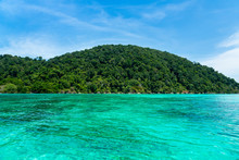View Of "Surin National Island" In Andaman Ocean At  Southern Of Thailand, Very Beautiful Clearly Turquoise Water And Absolutely Coral Reef. Travel Destination For Summer Vacation Photo.