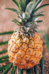 Wall Mural - Mini pineapple with palm leaves on rattan background. Copy space. Flat lay. Exotic food, tropical fruit concept.