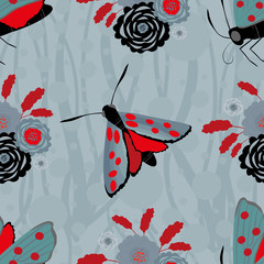 Six spot burnet butterfly seamless vector pattern background. Day flying moth with bouquet of scabious flower design. Slate blue and red insect floral backdrop. All over print for wildlife concept