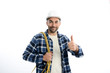 © W PRODUCTION - handsome young caucasian man construction worker electrician isolated on a white background