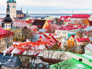 Wall Mural - Cityscape and St Olaf Church at Old town of Tallinn