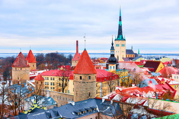 Wall Mural - Cityscape with St Olaf Church and defensive towers at Tallinn