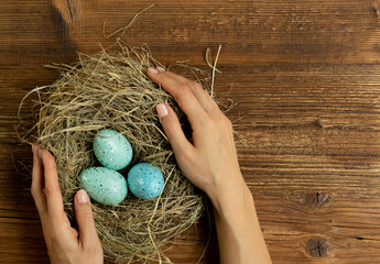 Easter nest with blue eggs in the hands on wooden board