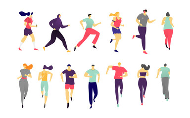 man, women running on sports jogging activity people vector hand drawn fitness workout illustration 