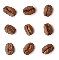 roasted coffee beans on white background.