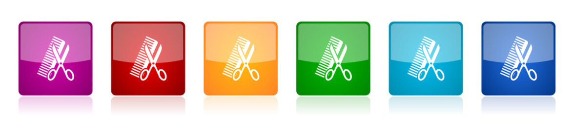 Poster - Haircut icon set, style, hair salon colorful square glossy vector illustrations in 6 options for web design and mobile applications