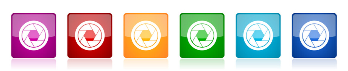 Poster - Photo shutter icon set, camera, photography colorful square glossy vector illustrations in 6 options for web design and mobile applications