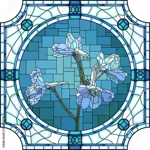Dekoracja na wymiar  mozaika-wektorowa-z-kwitnacymi-niebieskimi-kwiatami-delphinium-w-okraglej-ramie-witrazowej