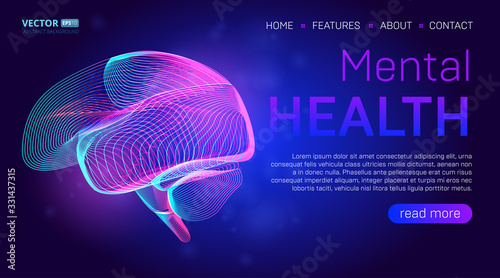 Fotografía Mental health landing page background concept or hero banner design with human brain outline vector illustration