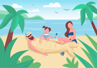 Wall Mural - daughter burying dad in sand flat color vector illustration. mother, father and child entertainment 