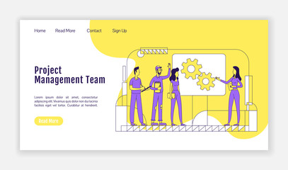 Poster - Project management team landing page flat silhouette vector template. Professional teamwork homepage layout. Coworking one page website interface with cartoon outline character. Web banner, webpage