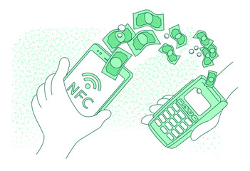 Poster - mobile payment terminal thin line concept vector illustration. person making payment with smartphone