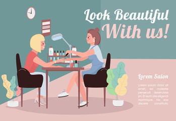 Poster - Look beautiful with us banner flat vector template. Brochure, poster concept design with cartoon characters. Woman getting manicure. Gel nail polish horizontal flyer, leaflet with place for text