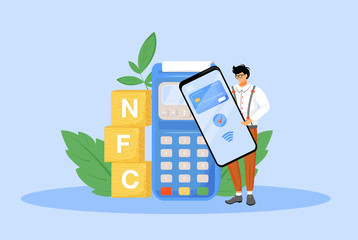Poster - NFC payment flat concept vector illustration. Man using smartphone for contactless payment 2D cartoon character for web design. E payment application, near field communication technology creative idea