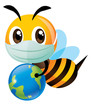 Save the bee and earth. Cartoon cute bee wearing surgical mask and carrying a little earth. To educate human to protect the green environment against pollution. - vector character
