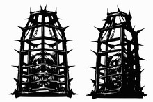 Skulls In Cages For Torture, In Spikes And Chains, Look Directly At The Viewer , Their Glowing Demonic Bones, They Have Some Teeth Knocked Out, There Are Many Cracks In The Skull.2D Illustration.