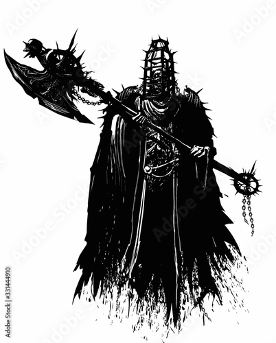Fotomural A terrible Ghost executioner, with a skull on his shoulders, imprisoned in a cage for torture, in his hands he has a huge axe hung with various junk, spikes, skulls, chains
