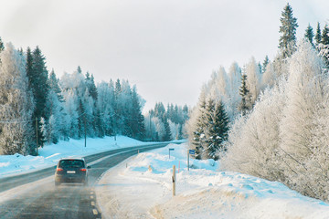 Wall Mural - Car in road at winter Rovaniemi