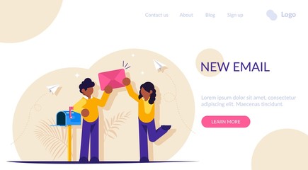 Poster - New email concept. People stand with a paper envelope near the mailbox. Notification of an incoming message. Modern flat vector illustration.