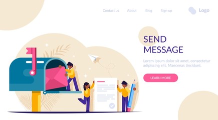 Poster - People write and send letters through the mailbox. Little character. Sending messages is a concept. Modern flat vector illustration.