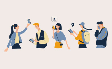 men and women with cellular devices. people using smartphones flat vector illustration set. mobile i