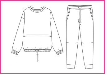Sticker - Sweatshirt, sweatpants fashion flat sketches. Apparel template