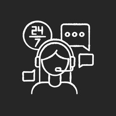 Sticker - Customer service jobs chalk white icon on black background. Call centre operator, online chat consultant. 24 hours assistance, client technical support. Isolated vector chalkboard illustration