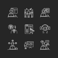 Sticker - Freelance jobs chalk white icons set on black background. Creative design and translation, teaching and copywriting. Legal services and PR management. Isolated vector chalkboard illustrations