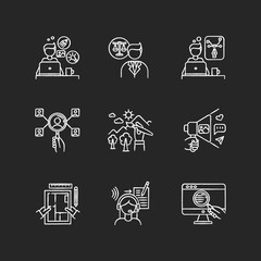 Poster - Remote employees chalk white icons set on black background. Design, transcription and HR management, web research. Illustrator and social media coordinator. Isolated vector chalkboard illustrations