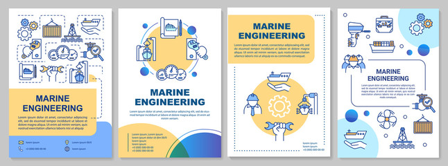 Wall Mural - Marine engineering brochure template. Maritime construction worker. Flyer, booklet, leaflet print, cover design with linear icons. Vector layouts for magazines, annual reports, advertising posters