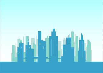 blue silhouette of city building flat design illustration vector, urban cityscape background 