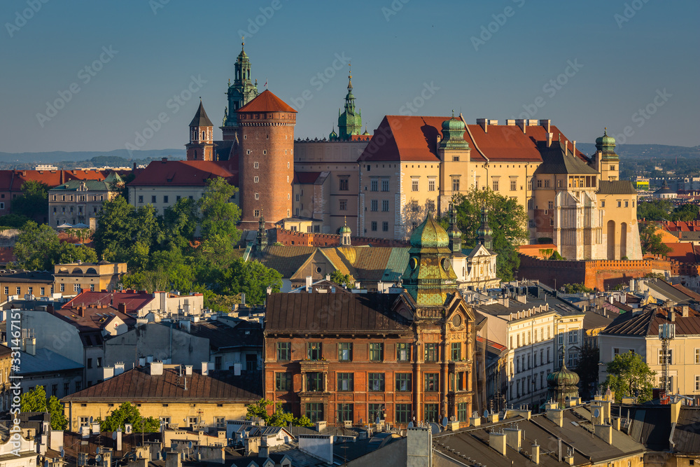 Panorama of Cracow, Poland, with royal Wawel castle, cathedral. - obrazy, fototapety, plakaty 