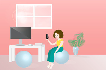 Wall Mural - a woman sitting on exercise ball while working at home. 