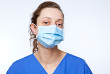 Close Up Portrait Of Young Nurse With Mouthpiece Mouth Protection Surgical Face Mask Medical Protective Mask Respirator
