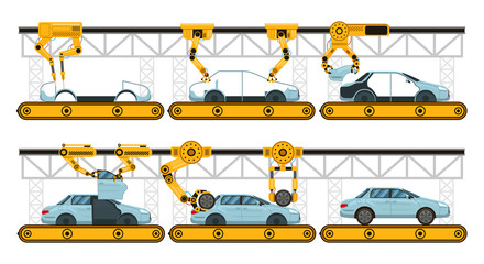 Automobile assembly. Factory car assembly conveyor, manufacturing robotic arms automotive, industrial automation process vector illustration set. Auto robot conveyor, assembly arm process