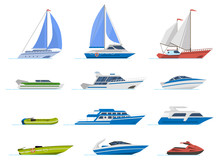 Travel Yacht And Powerboat. Cruise Boats, Luxury Yacht Steamer And Speed Boat, Transportation For Ocean Water Isolated Vector Illustration Set. Yacht Marine, Speedboat And Rubber Motorboat