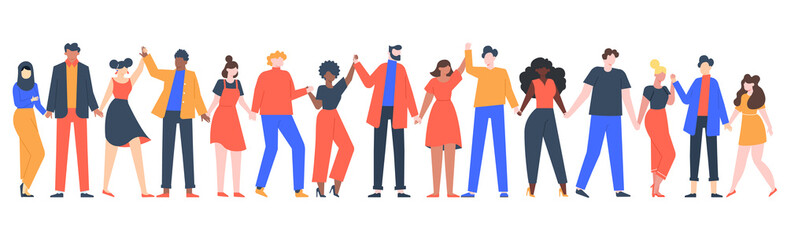 group of smiling people. team of young men and women holding hands, characters standing together, fr