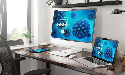 Wall Mural - black and white responsive devices mockup responsive coronavirus info website