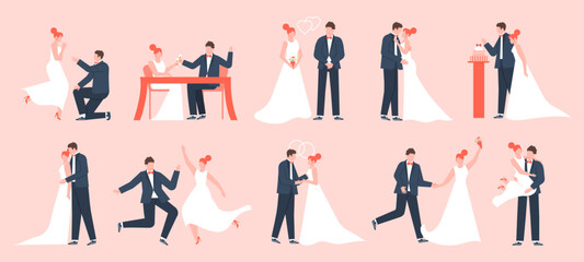 Wall Mural - Wedding couple. Marriage bride and groom, newlyweds in love, young family dancing and celebrating, marriage ceremony vector illustration set. Bride and groom, wedding marriage love, dress newlywed