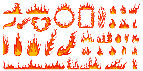 cartoon campfire. fire flames, bright fireball, heat wildfire and red hot bonfire, campfire, red fie